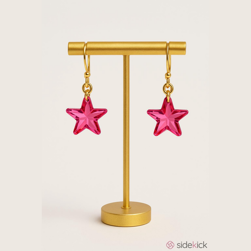 Pink Crystal Celestial Star Design Gold Drop Earrings